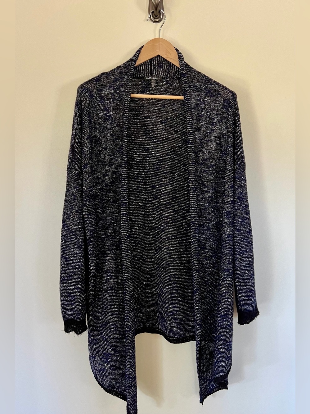 Eileen Fisher Open-Front Heathered Navy and Black Cardigan
